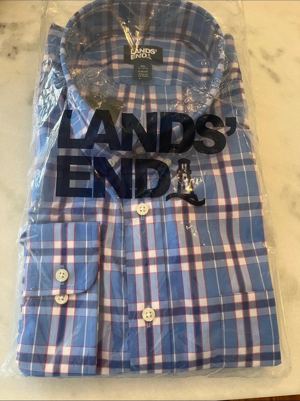 Lands' End Blue and White Plaid Button-Down Shirt